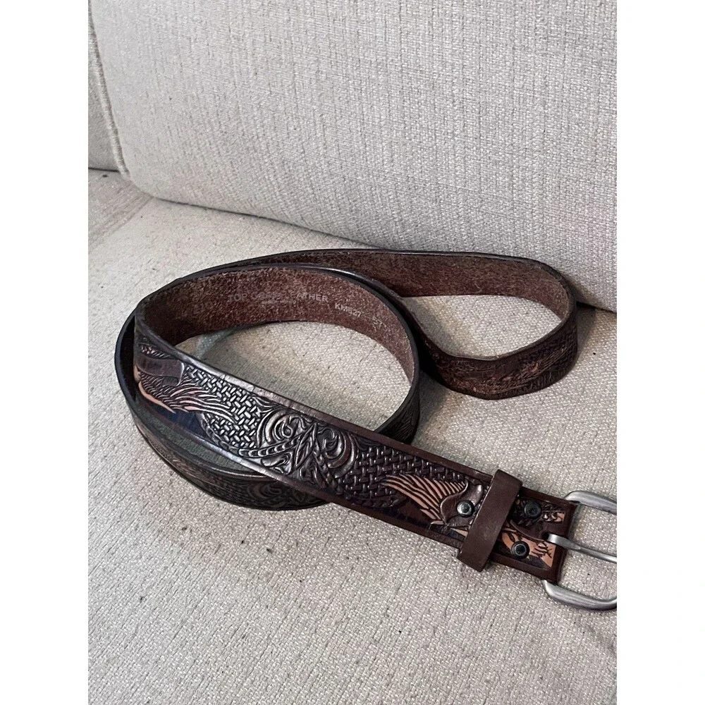 Vtg Style Tooled Buckle Belt Western Eagle Cowboy 44 Brown Leather Y2K Rodeo